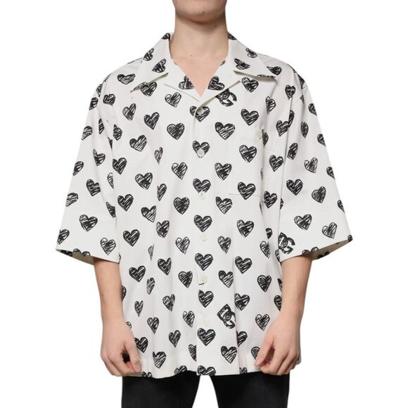 Dolce & Gabbana White Heart Print Short Sleeve Casual Men's Shirt
